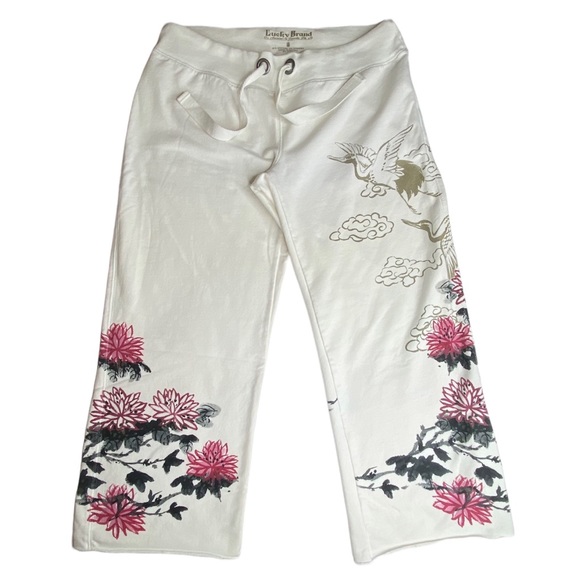 HTF: Lucky ☘︎︎ Asian Crane Tattoo Watercolor Floral Cropped Sweatpants ☘︎︎ White - Picture 13 of 15
